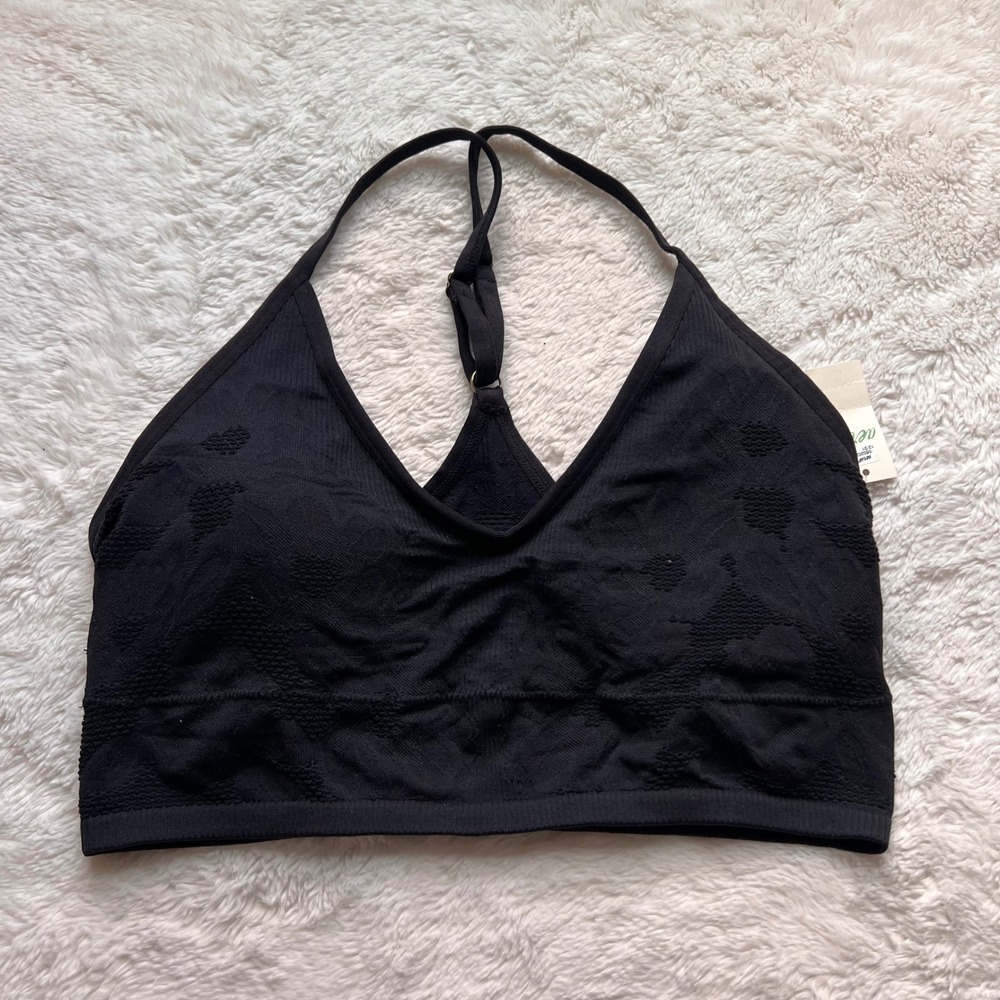 Aerie Real Me Seamless Floral Jacquard Racerback Bralette Black Large NWT Active